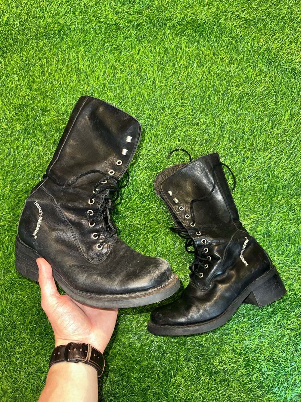 Harley-Davidson Black Leather Lace-Up Mid-Calf Biker Moto Boots